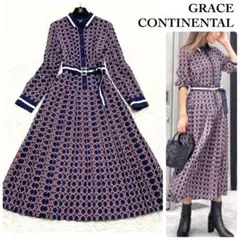 【美品】グレースコンチネンタル 幾何学模様 プリーツロングワンピース レトロ総柄