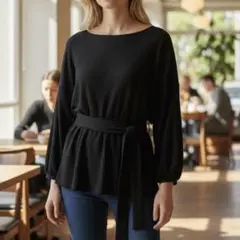 美品 イング INGNI トップス M 黒 リブ 長袖 ウエスト リボン 細見え