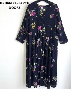 URBAN RESERCH DOORSネイビー 花柄 透け感ロングカーディガン
