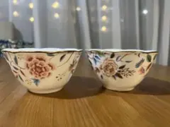 【美品】花柄 ご飯茶碗 2個セット 陶器 和食器風 ベア茶碗