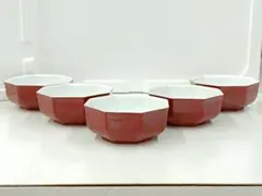 新品未使用　美濃焼　庫山窯　朱吹き八角小鉢揃　前畑陶器　レッド　　5個セット
