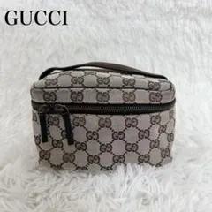 美品　グッチ　バニティバッグ　コスメポーチ　小物入れGG柄　キャンバス　ブラウン