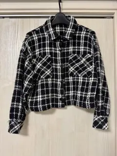 チェック ツイード風 ショートブルゾン M 黒白 韓国系 クロップド ジャケット