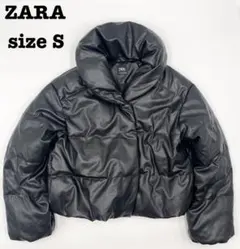 【美品】ZARA ダウンジャケット S フェイクレザー 黒 クロップド L43