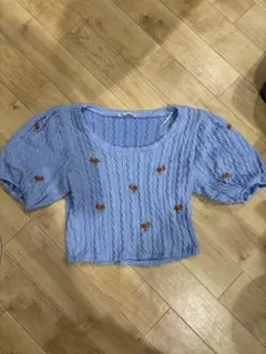ZARA 水色 ケーブルニット風 トップス 半袖 Mサイズ