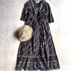 美品 洗える ヌキテパ×アダムエロペ フラワープリントワンピース F 黒