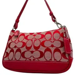 美品 コーチ アクセサリーポーチ ショルダー キャンバス レッド シグネチャー