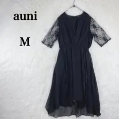 【アウニイ】パーティードレス プリーツロング丈 花柄レース 七分袖 M ブラック