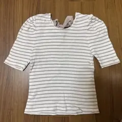 バックリボン　ストライプ柄リブ編み五分袖トップス　ベージュ　フレンチガーリー