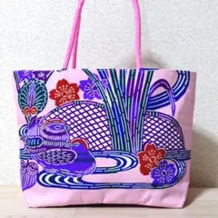 H―11　オシドリ　ハンドメイド　着物リメイク　トートバッグ　桃色