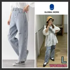 グローバルワーク GOODデニムバギーパンツ ライトブルーダメージデニム L