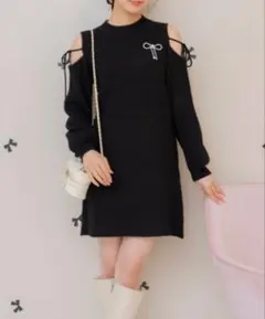 オープンショルダーリブニットワンピース ブラック 黒