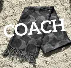 COACH コーチ シグネチャー柄 グレー系 ロゴ入りマフラー フリンジ付き