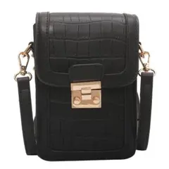 新品 クロコ 調 スマホポーチ ブラック 差し込み錠 縦型 高見え ショルダー