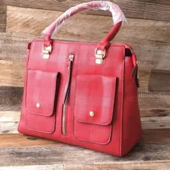 チェック ハンドバッグ ショルダーバッグ レッド