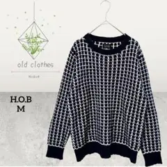 H.O.B 【M】紺 白 チェック柄 ニット プルオーバー セーター d0961
