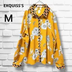 【美品】フラワープリントシャツ(M)長袖　黄色　ボタンダウン　派手　舞台衣装