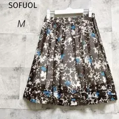 SOFUOL ソフール【M】フレアスカート 膝丈 花柄 総柄 ブラウン プリーツのサムネイル