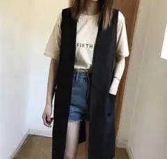 ノースリーブ ロングジレ　ブラック　ロングベスト　XL