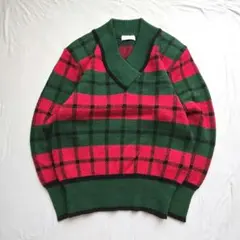 80s CAROLL ニット セーター Vネック 赤緑 日本製 昭和レトロ M