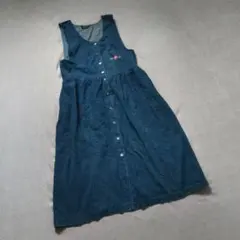 古着　デニムワンピース　ノースリーブ　ジャンパースカート　カジュアル　花刺繍