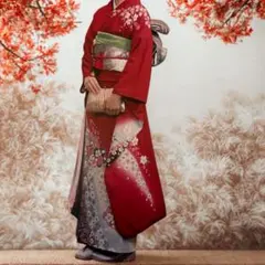 成人式1回のみ　振袖フルセット 赤×桜 金彩 172cm