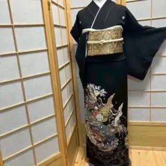 8462］黒留袖 美品 友禅 作家物 比翼付 五つ紋 蔦 正絹 着物 袷 - メルカリ