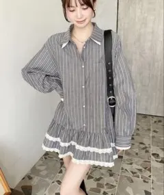 ストライプフリル付き長袖シャツドレス