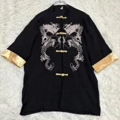 734 チャイナ風 五分袖トップス L ブラック 龍 刺繍 中華 個性的