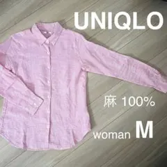 UNIQLO ユニクロ　リネン　麻　長袖　シャツ　ピンク　チェック