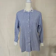 昭和レトロ　青と白のストライプ 長袖シャツ