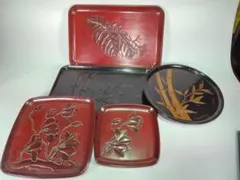仙台堆朱（せんだいついしゅ） 天然木漆塗り 漆器 山水図 小皿5客 お 