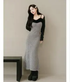 アンサンブルチェックニットロングワンピース ダーリッチ