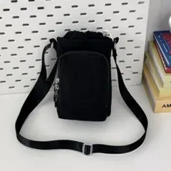 【新品】上品ナイロン スマホショルダー カジュアル 巾着 ボトルケース ブラック