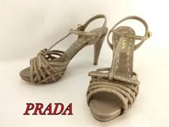 稀少箱付プラダ高級レザーサンダルグレージュリボン本革ヒールアンクルストラップ美品