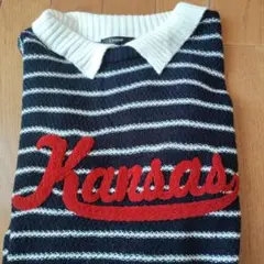 未使用　襟付きセーター　Kansas　　刺繍　ストライプセーター　薄手　春