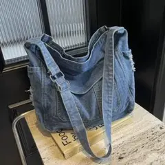 デニム トートバッグ ショルダー かばん 黒 通勤 通学 ヴィンテージ風