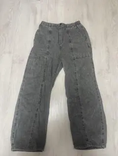 GUグレー ワイドレッグデニム パンツ