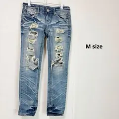 ダメージ加工 スキニーデニム M 色落ち ヴィンテージ風 スリムパンツ