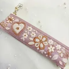 インド刺繍リボン ポーチ ペンケース 花柄 ハンドメイド 　小さめのペンケース