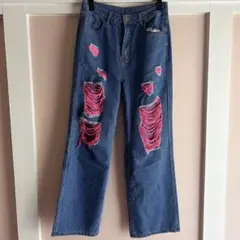 ピンクダメージ加工 ワイドデニムパンツ Sサイズ　y2k