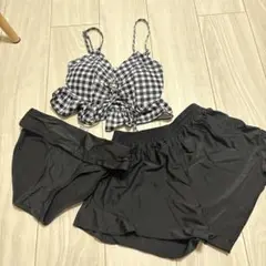 セパレート水着 黒白　ギンガムチェック　水着　ビキニ　ズボン付き　3点セット　M
