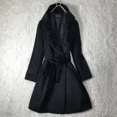 美品 ワッフルカラー アンゴラ ウール ベルト付き ロングコート 黒 38