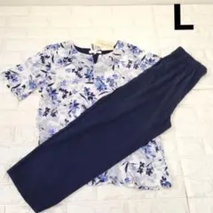 レディース パジャマ Lサイズ 花柄 半袖 長ズボン　ネイビー系 ルームウェア