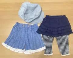ベビー　デニム風フリルパンツ　スカッツ　日よけ付帽子　3点セット　80cm
