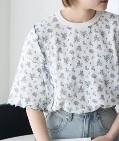 小花柄ワッフルメロー配色半袖ビッグTシャツのサムネイル