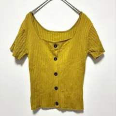 GRL　半袖　カーディガン　ニット　スクエアネック　春秋　黄色系　リブニット