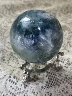 爆虹 エンジェルフェザーフローライト スフィア 6cm 450g 天然石 台座