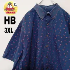USA古着 HB　半袖ボタンシャツ3XL　ネイビー　レッドイチョウ柄