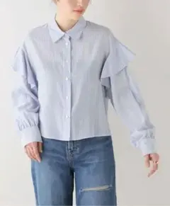 IENAイエナ人気完売Cu/Peサッカー袖フレアシャツストライプフリルブラウス